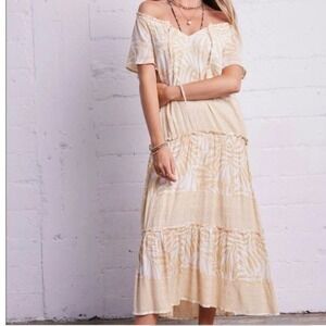 NWT Patrons of Peace Short Sleeve off The Shoulder Tab Yellow Print Maxi Dress S